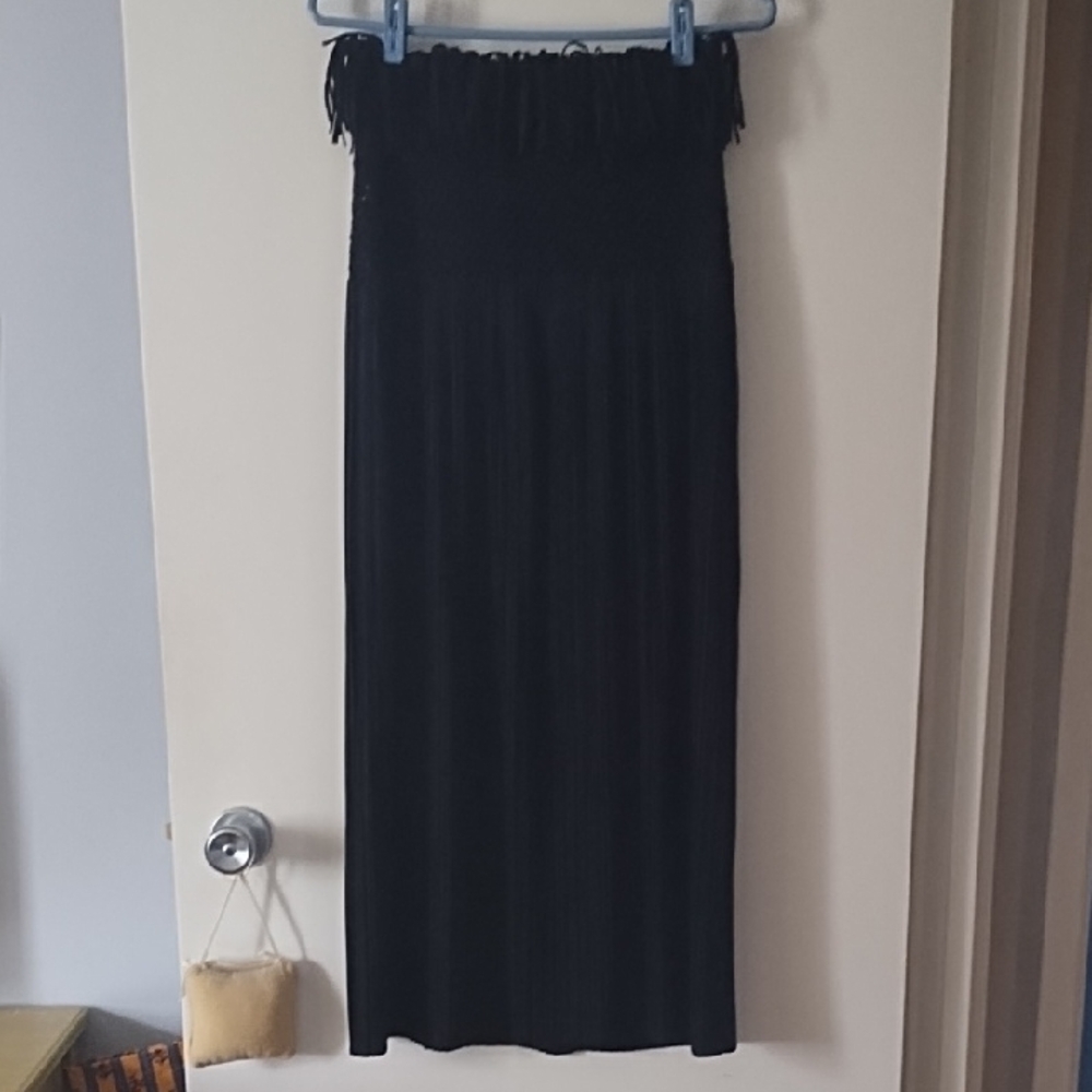 NWT ISSEY MIYAKE Black Pleated Crochet Waist Fringe Trim Maxi Skirt M